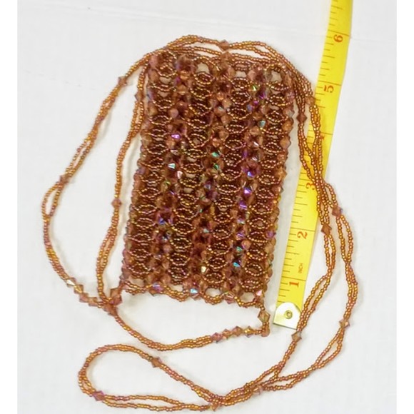Rose Gold Beaded crossbody 4" x 6" small pouch blingy formal 22" long strap - Picture 1 of 5